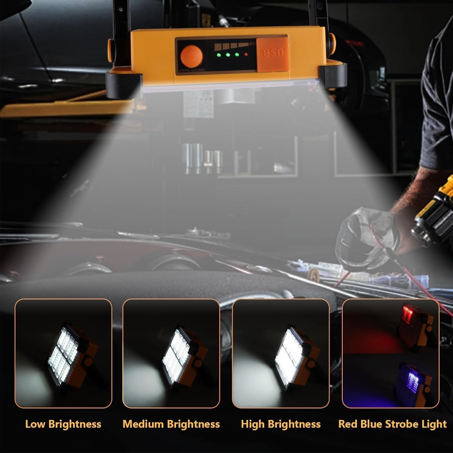 2 Pack 120W Solar Rechargeable Work Light, 144 LED 10000LM Portable Flood Light with Stand, IP66 Waterproof Power Bank 4 Modes LED Job Site Lighting Flashlights for Mechanic Camping Fishing Car Repair image number 6