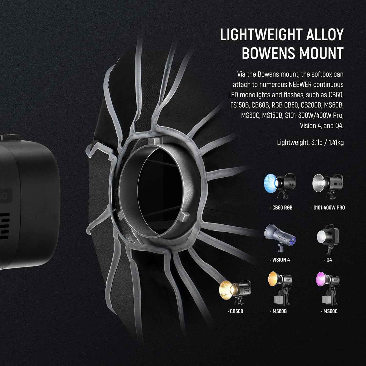 NEEWER 25.6"/65Cm Softbox Parabolic Hexadecagon, Quick Setup/Fold like Umbrella with Bowens Mount, Metal Beauty Dish/Diffusers/Grid/Bag for CB200B CB60 MS60B MS60C Compatible with Aputure Godox, NS65U image number 6