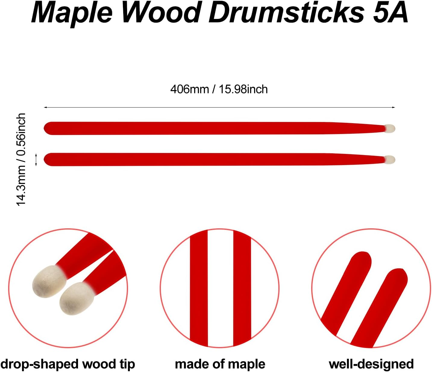 Cashbeat 5A Maple Wood Drumsticks, Non-Slip Grip, Classic Red Drum Stick for Kids Adults Beginner, Percussionists Drumming Accessories Musical Instrument