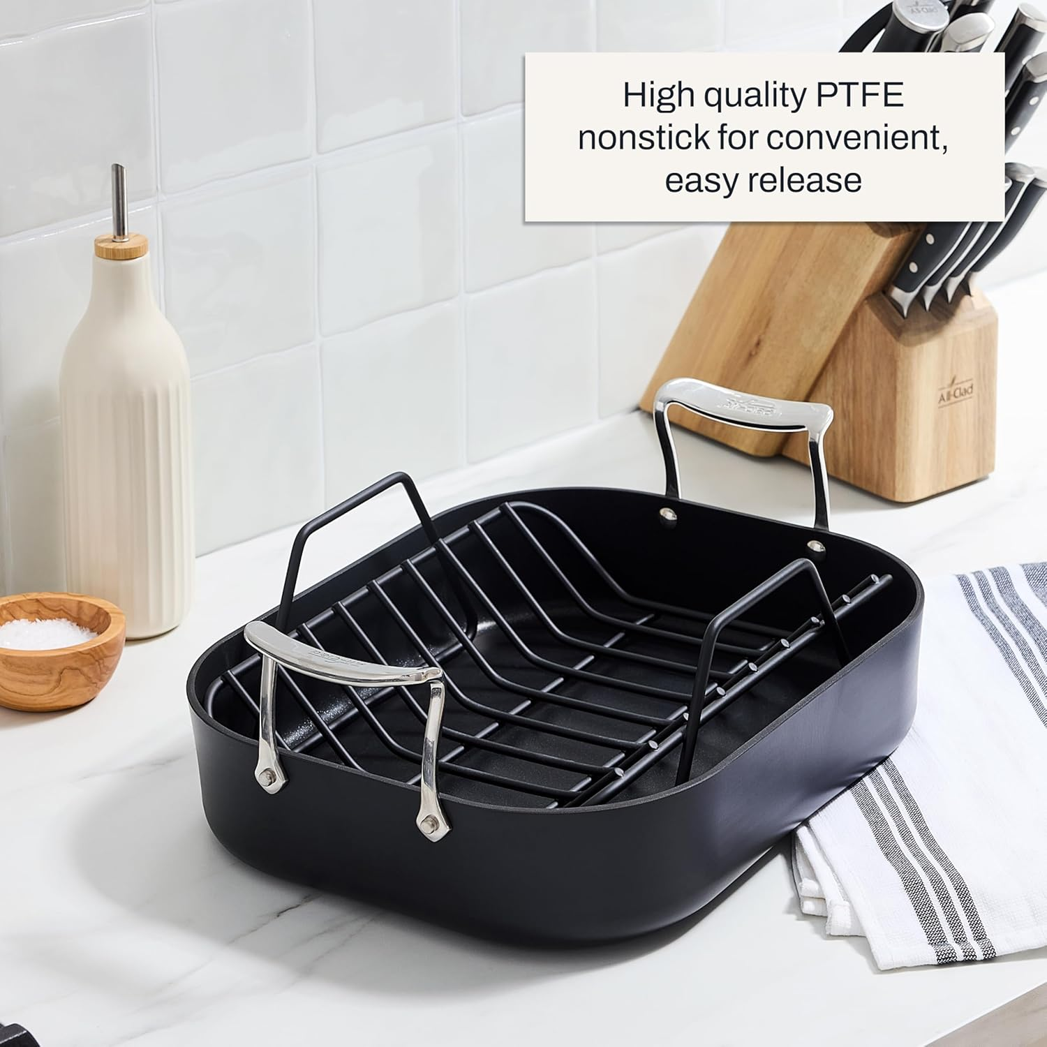 All-Clad Essentials Hard Anodized Nonstick Roaster with Rack 14 X 11 Inch Roaster Pan, Pots and Pans, Cookware image number 5