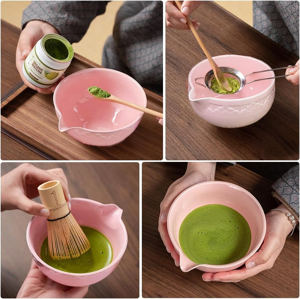 6 Pack Matcha Whisk Set, Japanese Tea Set Includes Matcha Bowl with Spout, Bamboo Matcha Whisk and Scoop, Matcha Whisk Holder, Stainless Steel Sifter, Scoop Stand, Matcha Kit for Matcha Love (Pink)