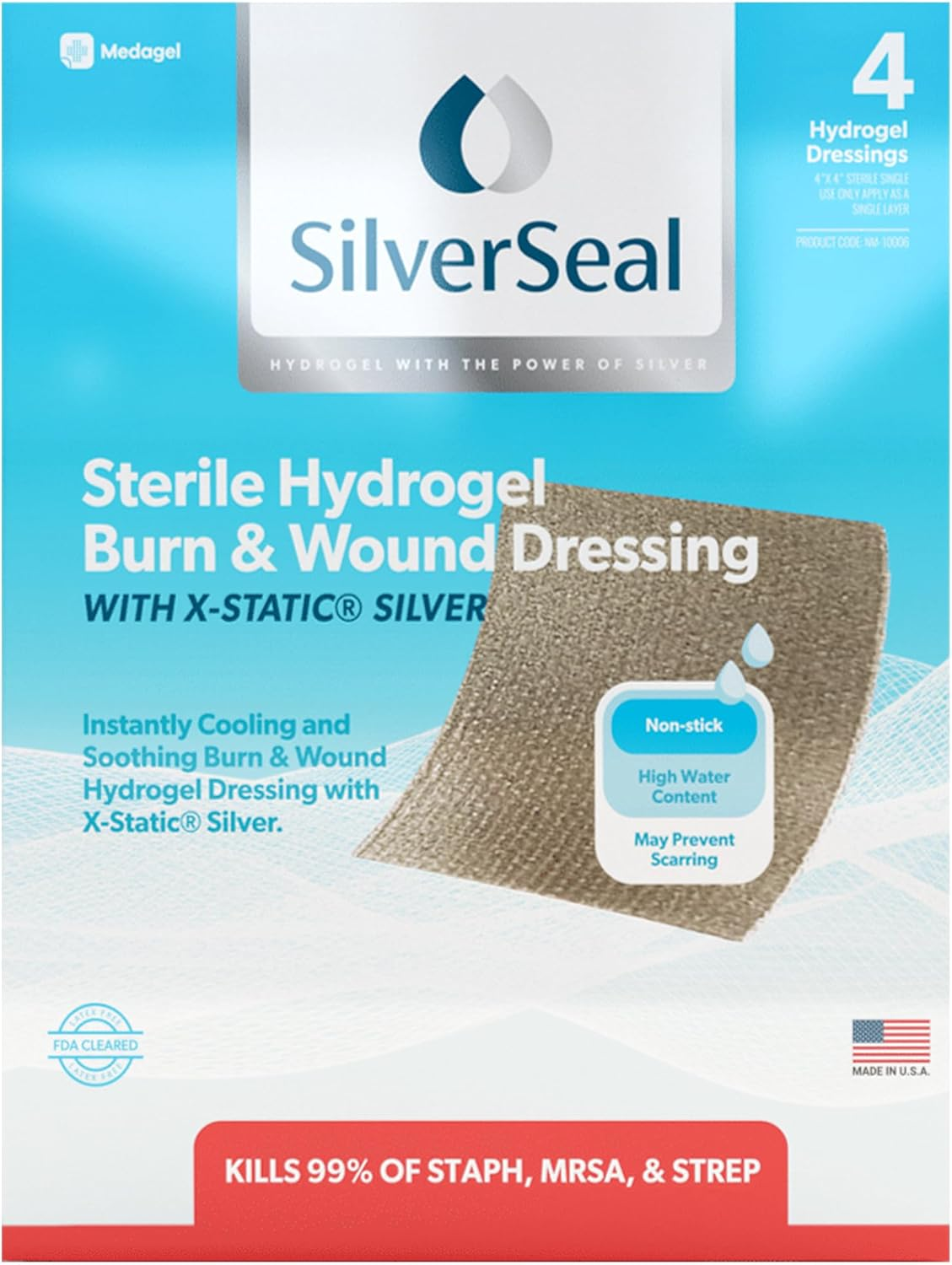 Silverseal Burn and Wound Dressing | Hydrogel Pads with X-Static Silver | Soothing, Moist & Protective | Burns, Cuts & Wounds | 4 Sterile Dressings image number 2
