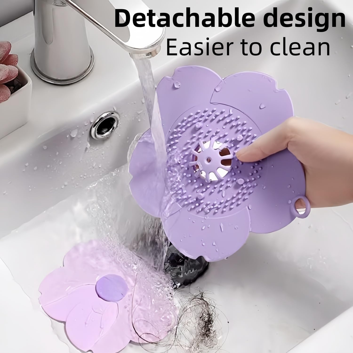 Dual-Use Drain Cover & Stopper with Strainer - Flower Shape Hair Catcher, Pink Silicone for Bathroom & Kitchen Sinks image number 2