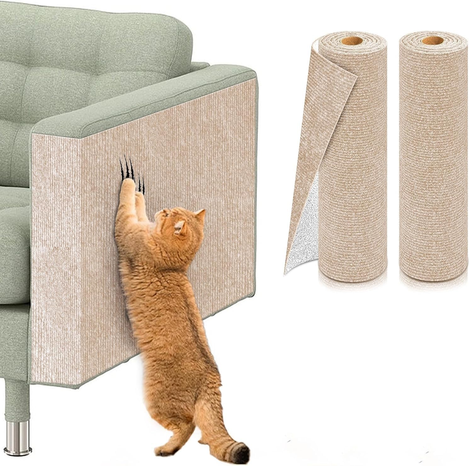 2PCS Self-Adhesive Cat Scratch Mats, Trimmable DIY Cat Scratcher Pads for Couch, 100&times;40Cm,Wall, Doors & Furniture Protection, Durable Anti-Scratch Cover for Cat Towers (Khaki)