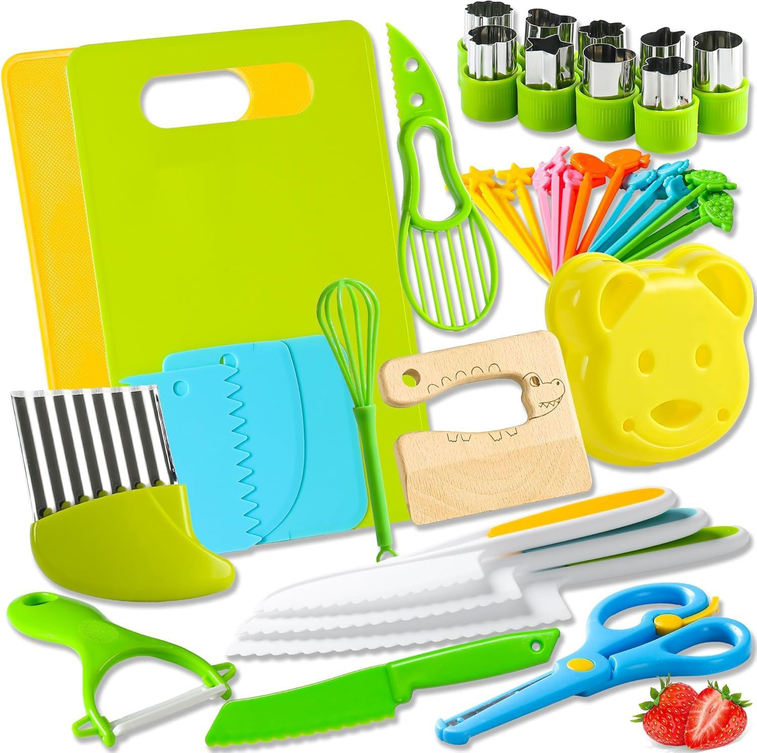 46Pcs Kids Knife Set, Kids Cooking Sets, Kids Safe Knives, Toddler Knife Set, Montessori Kitchen Tools for Toddlers for Real Cooking with Plastic Children Safe Knives Crinkle Cutter Kids Cutting Board image number 1