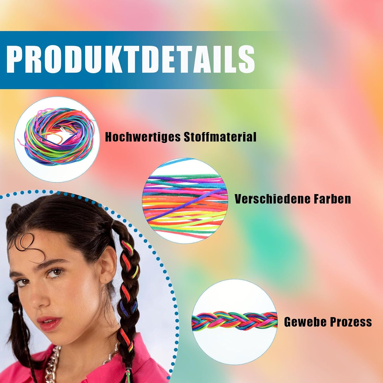 Pack of 32 Colourful Hair Wrap Cord, Gradient, Braided Hair Ropes, Various Rainbow Braided Headbands, DIY Ponytail Braids, Hair Styling Accessories for Women and Girls