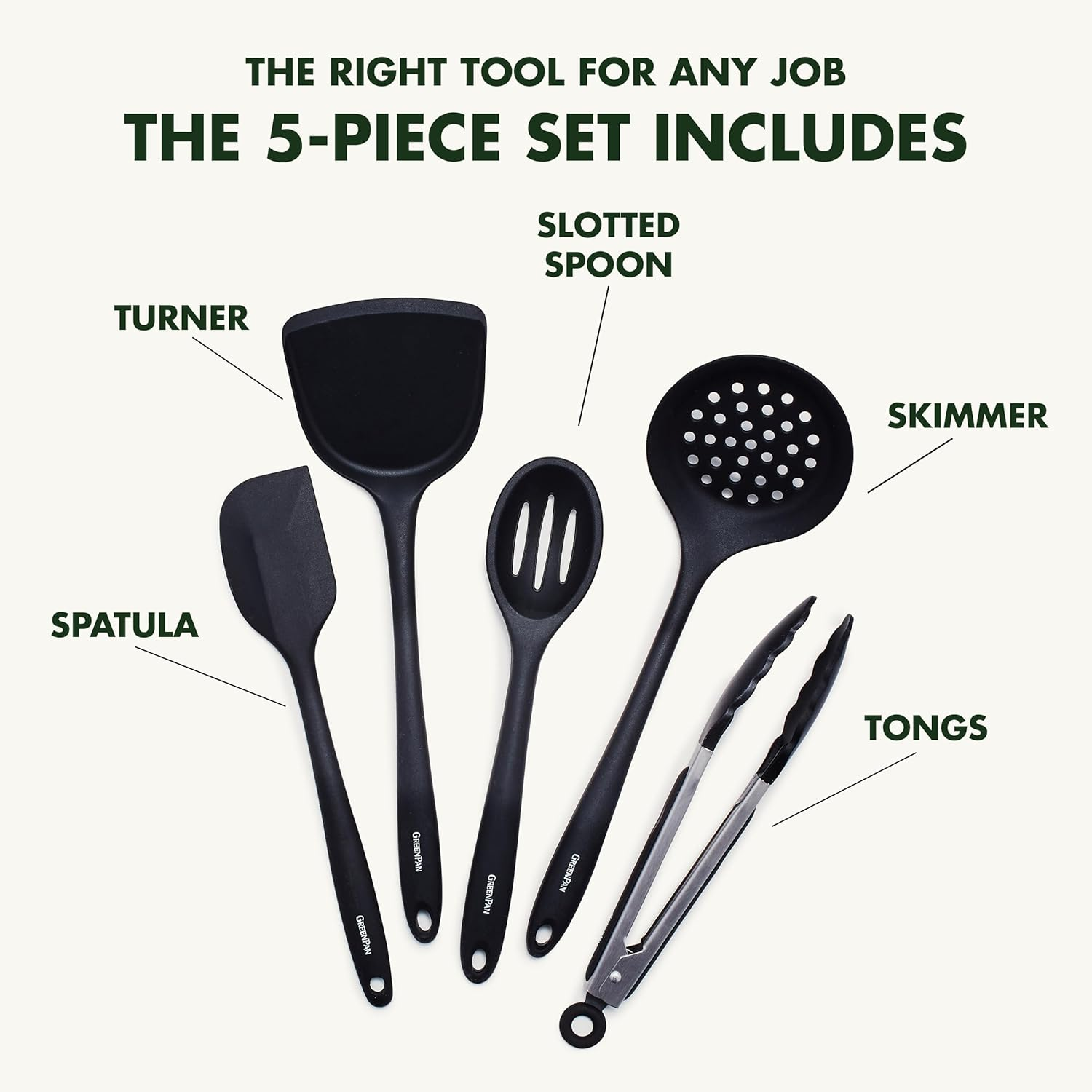 Greenpan Cooking Tools 5 Piece Utensil Set, Black