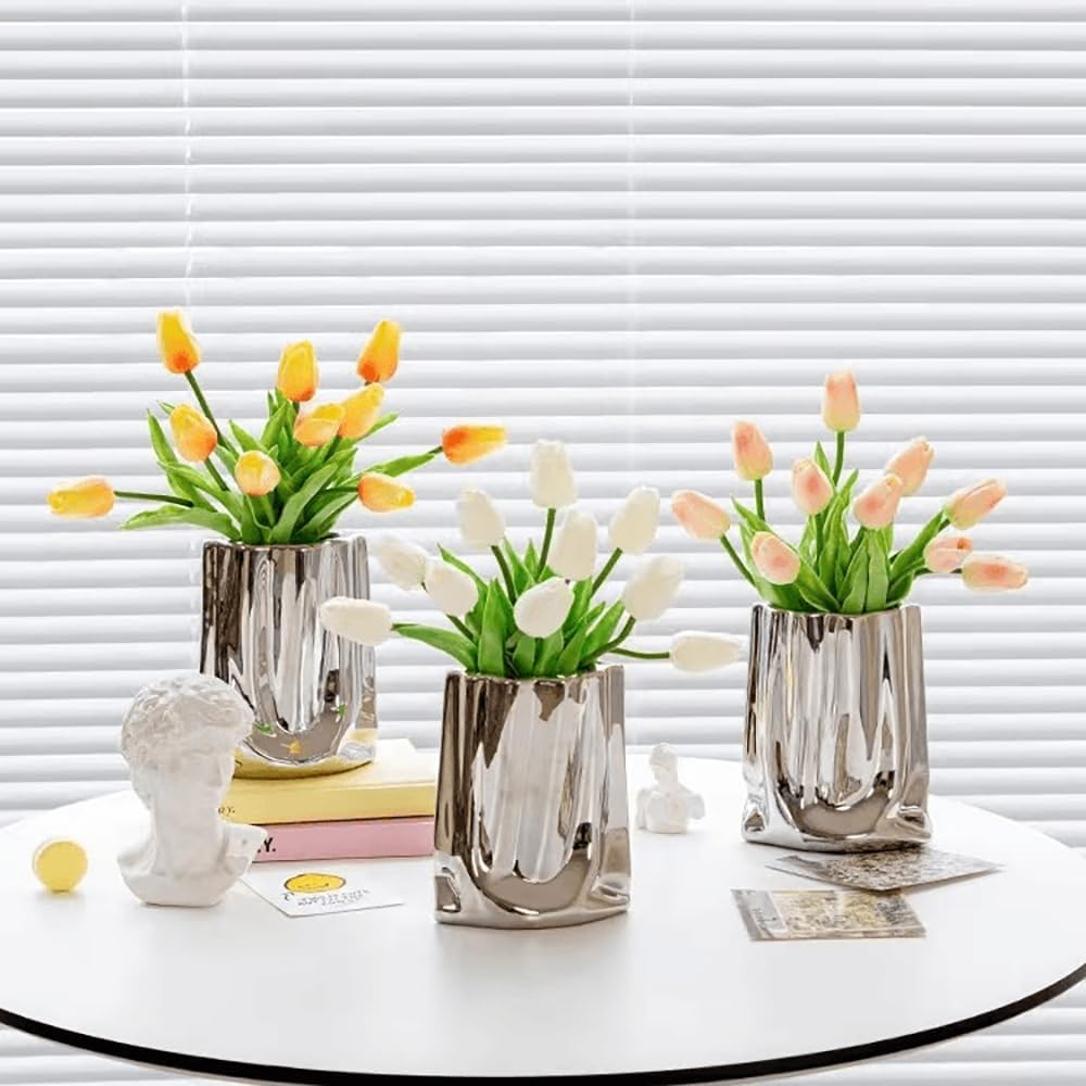 Hbluefat Fake Flowers with Vase, Silk Tulip Artificial Flowers in Flat Ceramics Vase, Small Faux Flower Arrangement for Home Office Decoration, Dining Table Centerpiece (Sunset Red,Silver) - Champagne,Gold image number 5