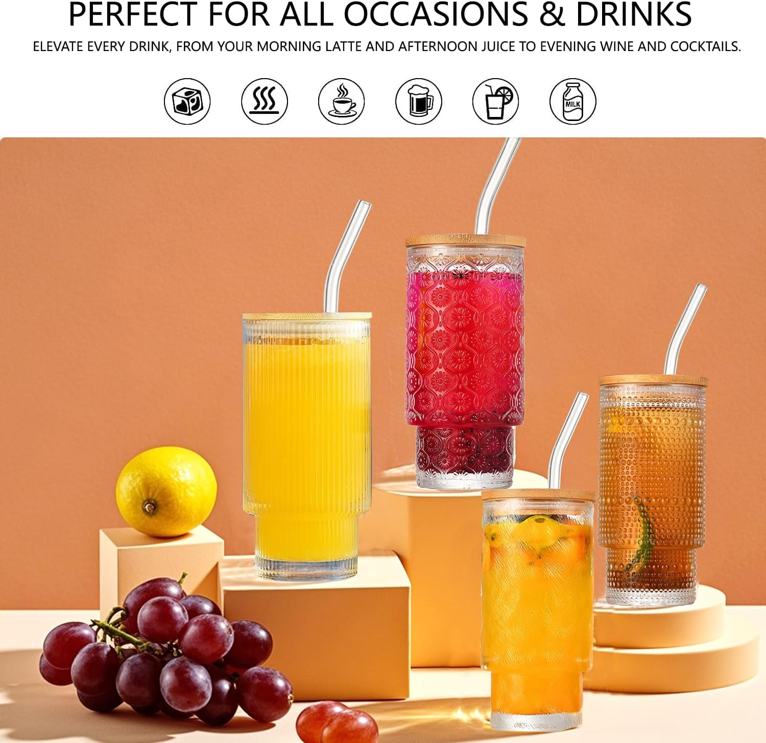 Vintage Drinking Glasses Set of 4, Overnight Oats Containers with Bamboo Lidset and Reusable Straw, 11Oz Iced Coffee Cup Mugs Glassware with Bottle Brush for Iced Americano Cereal Yogurt Milk Beverage image number 4