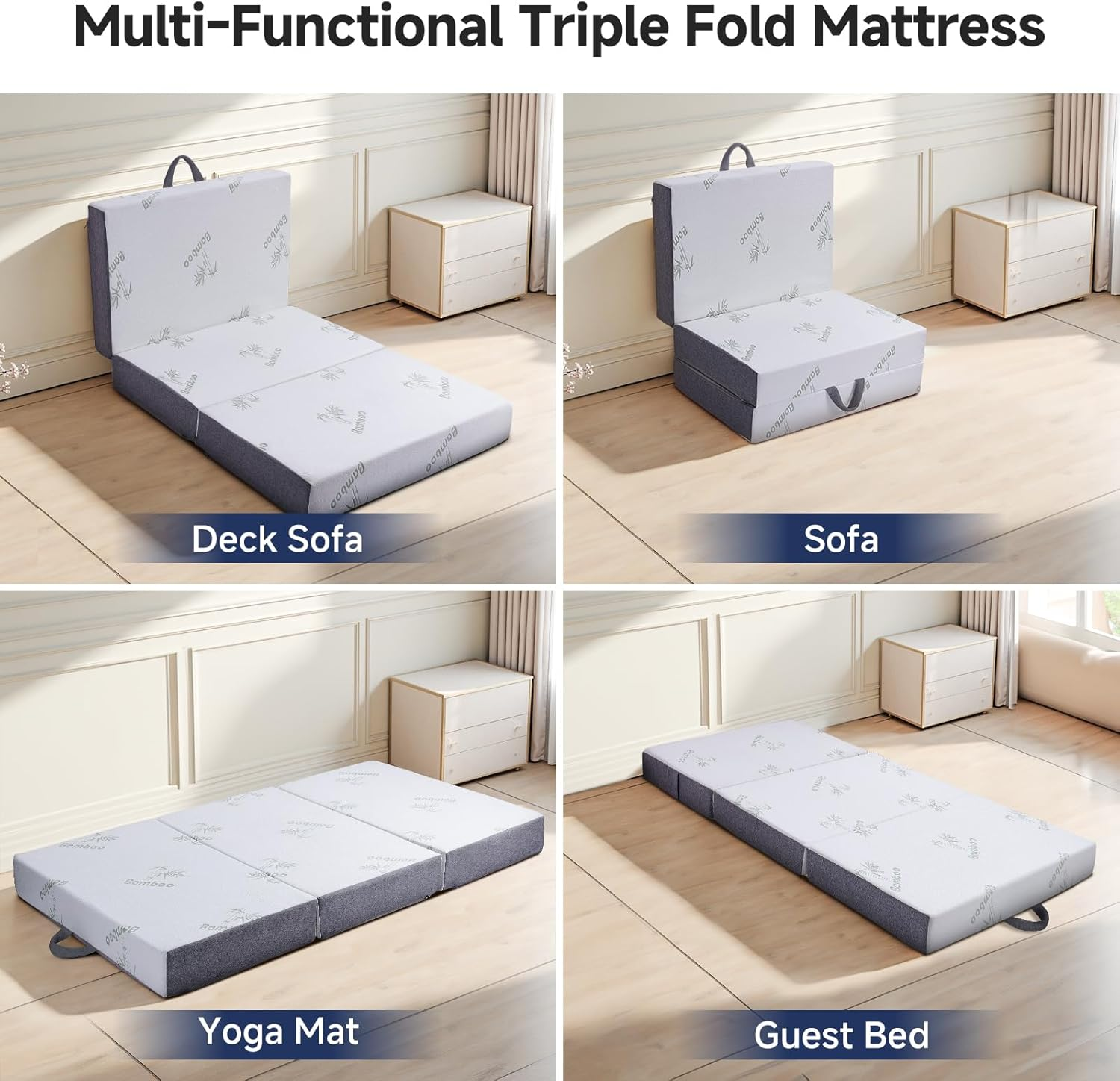 Folding Mattress 190 X 90 X 15Cm, Tri-Fold Sofa Lounge Mat Pad with High-Density Memory Foam and Non-Slip Bottom, Portable Floor Bed for Home, Office, Camping, Travel & Yoga, White image number 2