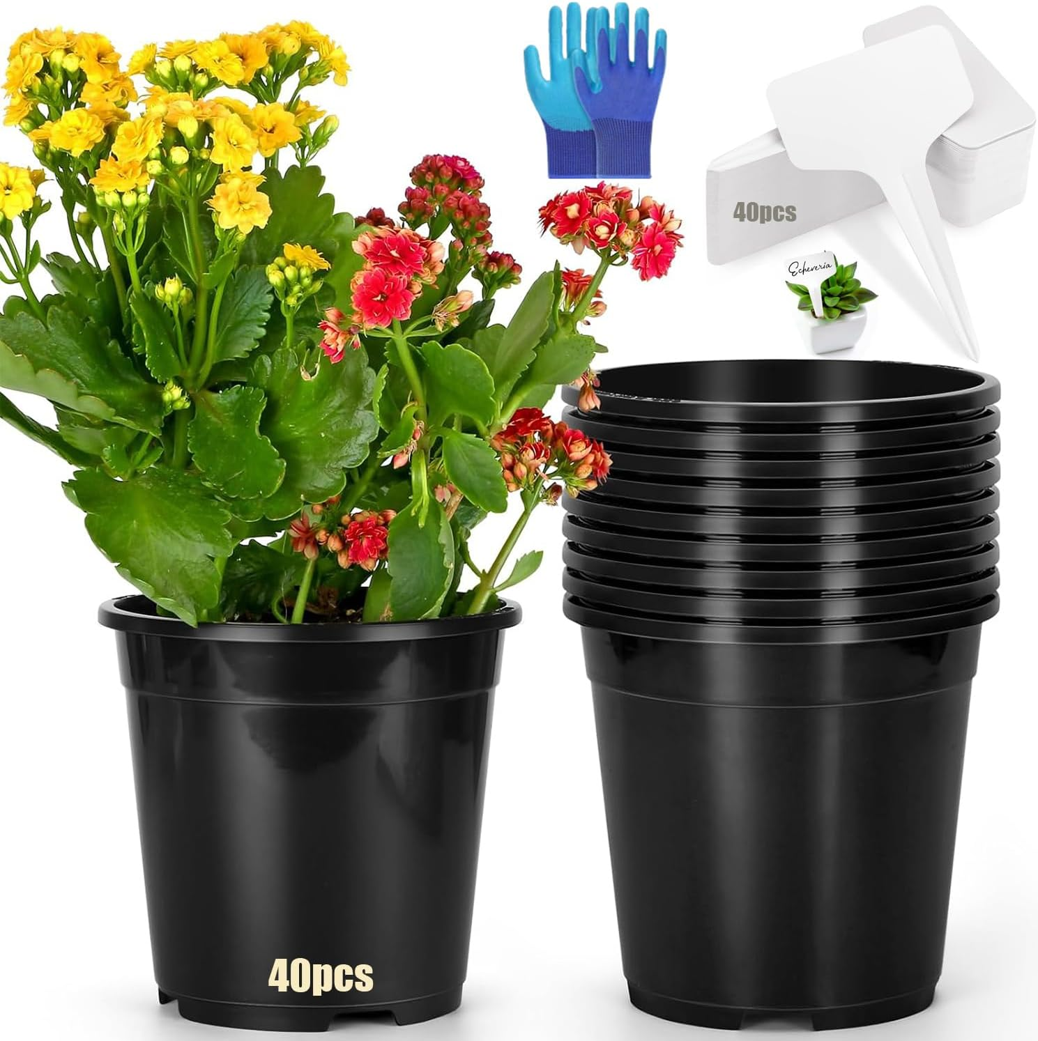 Plant Pots with Drainage Holes, Sturdy Plastic Large Nursery Pots, Succulents, Cuttings, Planting Pots with Plant Labels，And Gardening Gloves，13Cmx11.6Cm image number 3