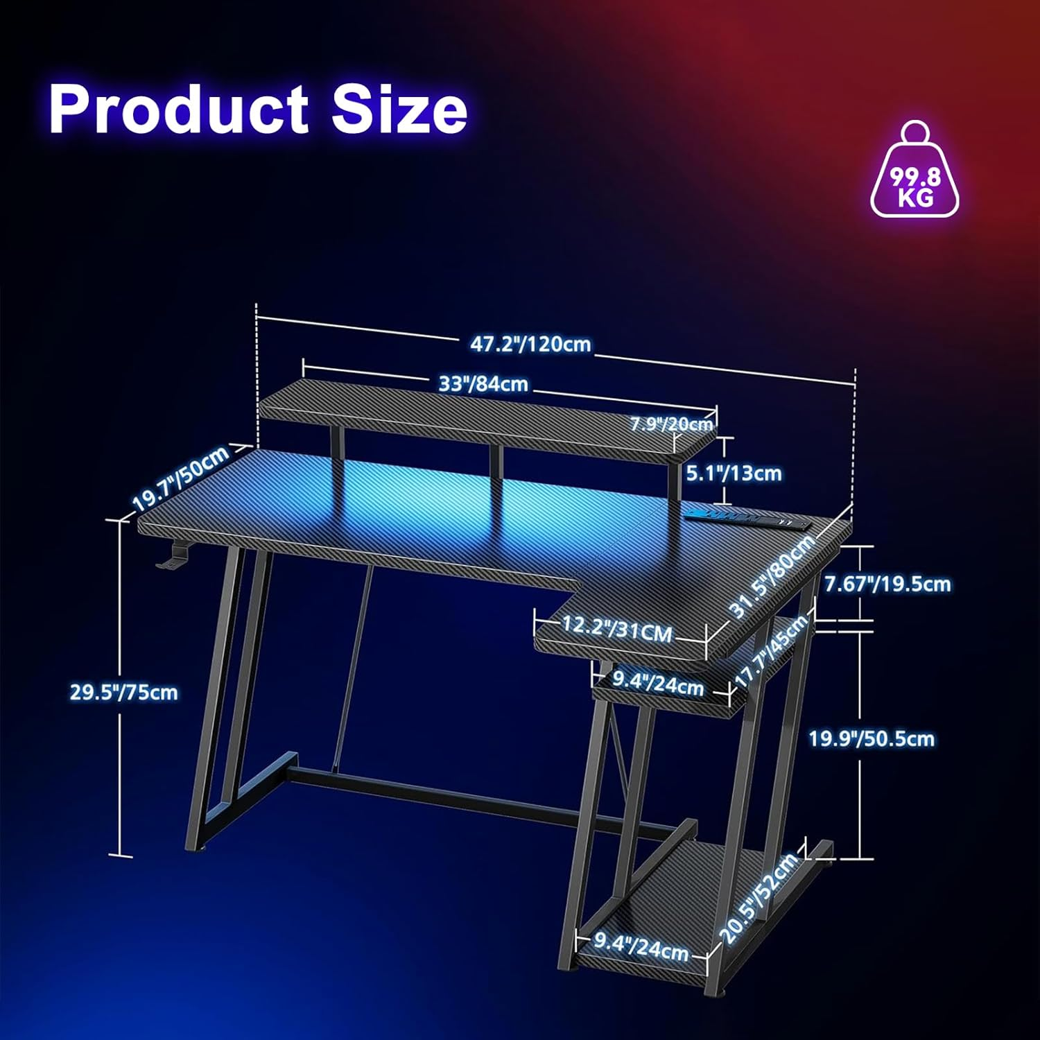 Gaming Desk with Power Outlet & 20 Color LED Light Strip,100 * 65 * 75Cm, L Shaped Corner Desk with Monitor Stand for Small Space, Computer Desk with Reversible Storage Shelves image number 5
