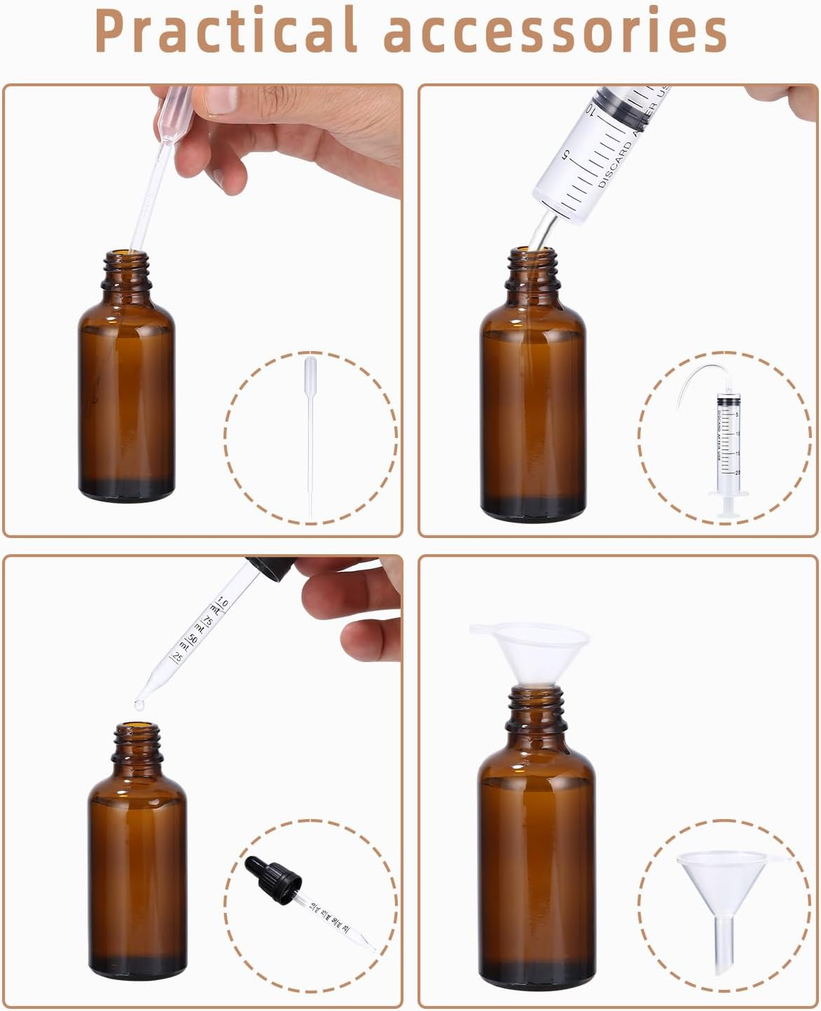 Huifoo 6X50Ml Amber Glass Dropper Bottles, 6 Pieces 50Ml, Essential Oil, Perfume, Remedies, Solutions, Aromatherapy, Travel, Personal Care, BPA Free, Reusable, Leak Proof, UV Protection image number 6