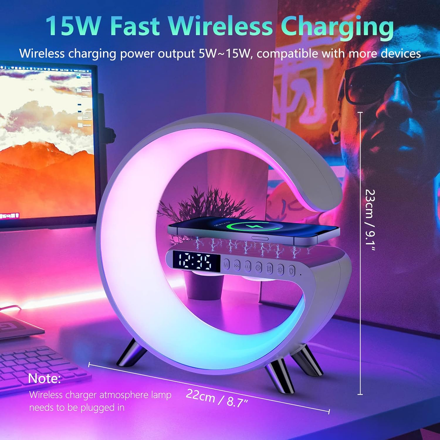 Smart LED Table Lamp, Wireless Charger Atmosphere Lamp, 4-In-1 Wireless Charger, Night Light, Alarm Clock, and Bluetooth Speaker with App Control, Night Lamp for Home Decor, Bedroom, Office image number 6