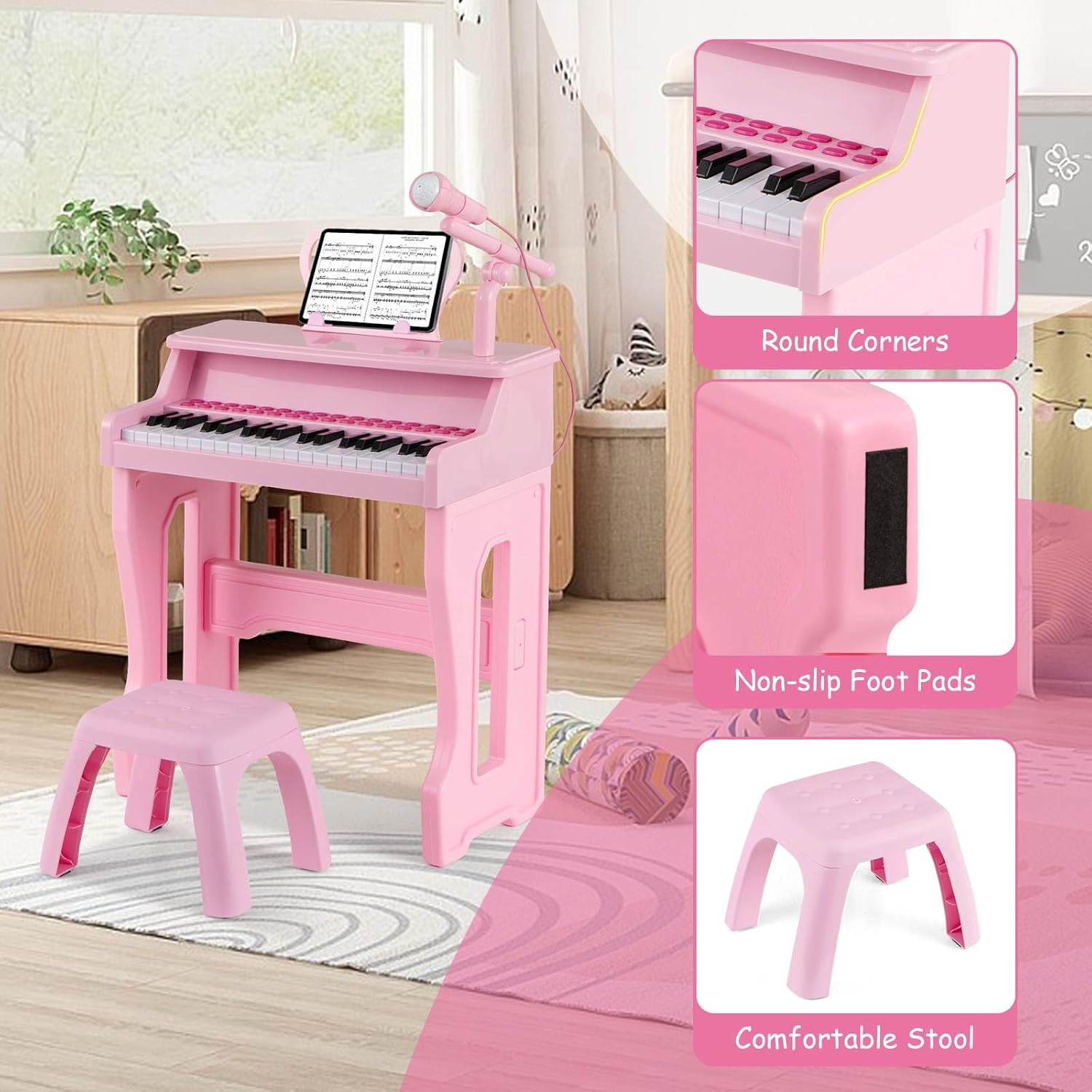 HONEY JOY 37-Key Piano Keyboard Toy, Electronic Musical Instrument W/ Adjustable Microphone, Detachable Music Stand & Matching Stool, Educational Gift for Toddlers Aged 3+ Years Old (Pink) - Style 2, Pink image number 2