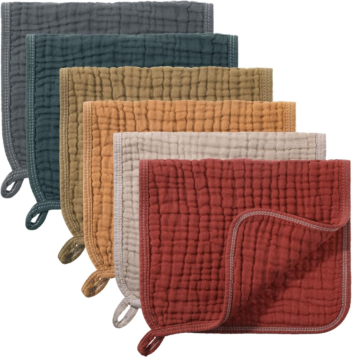 Hicarer 6 Count Muslin Burp Cloths Cotton Baby Burping Rags Large 20 X 10 Inch 6 Layers Spit up Rags Soft Absorbent Multicolor Wash Cloths Diapers for Newborn Baby Girl Boy(Retro Colors Series)