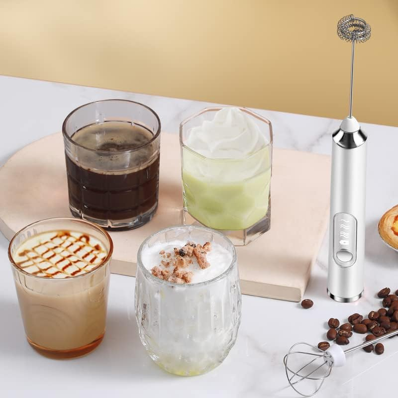 Milk Frother, Rechargeable Handheld Coffee Frother, 3 Gear Adjustable USB Rechargeable Drink Mixer and Blender with 2 Stainless Steel Whisks for Coffee Matcha Latte Cappuccino Hot Chocolate (White) image number 2