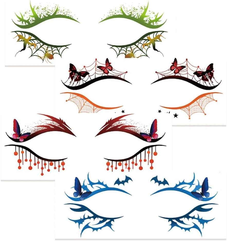 Halloween Eye Shadow Sticker with Butterfly Ghost Colorful Witch Eyeliner Temporary Tattoos Eyeshadow Stickers for Women Girls Halloween Carnival Festival Masquerade Accessories 4Pcs