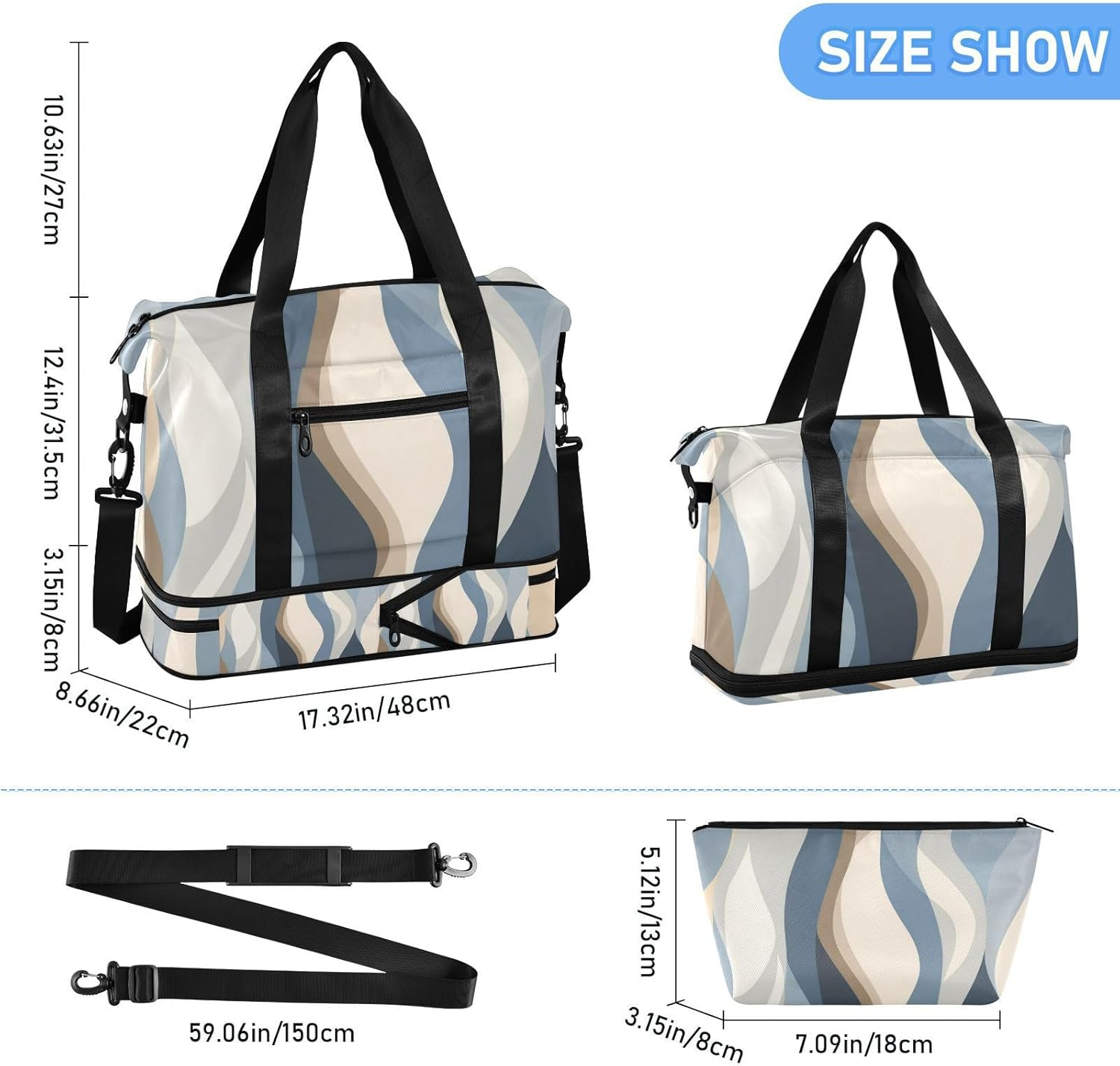 Abstract Blue Beige Tote Bag Travel Weekender Gear Bag with Adjustable Strap for Sports Foldable, Abstract Blue Beige, 1 Size image number 2
