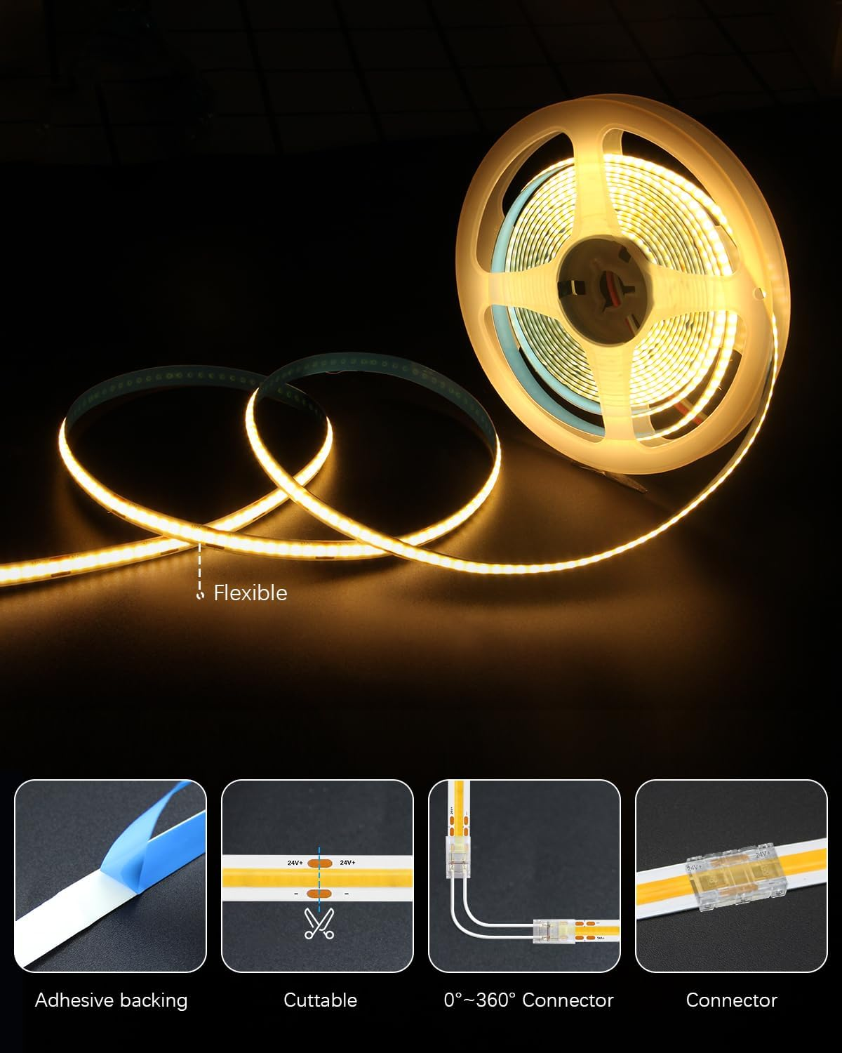 ALITOVE 10M COB LED Strip Lights Kit with Dimmer and Power Adapter Warm White 3000K Uniform Glow 320Leds/M LED Tape Light Flexible LED Lights for Bedroom Home Cabinet Indoor Decoration(Au Plug) image number 1