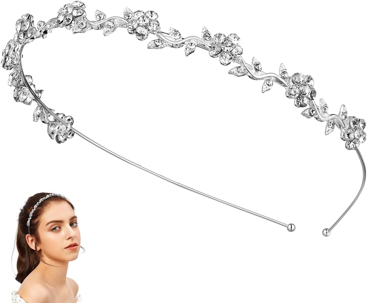 VICASKY Crystal Bridal Flower Leaves Crown Headband Headdress Tiara Wedding Bride Headband Hair Accessories Confirmation Girls Silver Flower Wreath Hair Dirndl Costumes image number 3