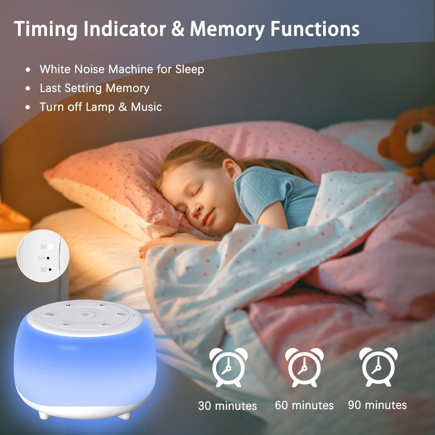 Xkimos White Noise Machine Baby and Adult, 34 Soothing Sounds White Noise Machine, 7 Color Lights Portable Baby Night Light Sound Machine for Kids Sleeping with 3 Auto-Off Timer & 30 Levels of Volume image number 2