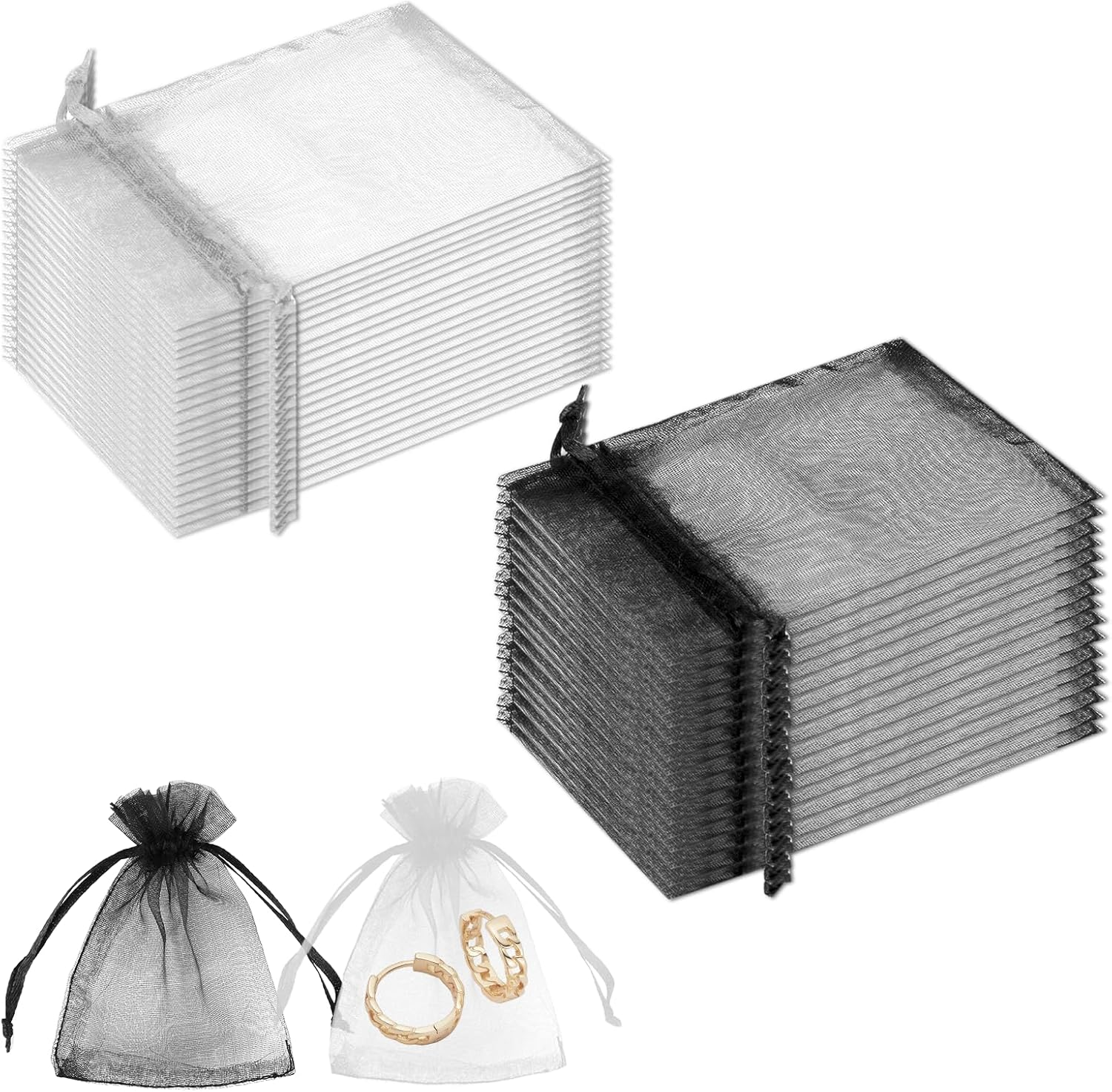 100 Pcs Organza Jewelry Bags Drawstring (Black & White) 2.8 X 3.5 Inch, Elegant Gift Bags for Wedding Favors, Jewelry, and Small Gifts, Premium Mesh Mini Bags for Special Occasions and Keepsakes image number 1