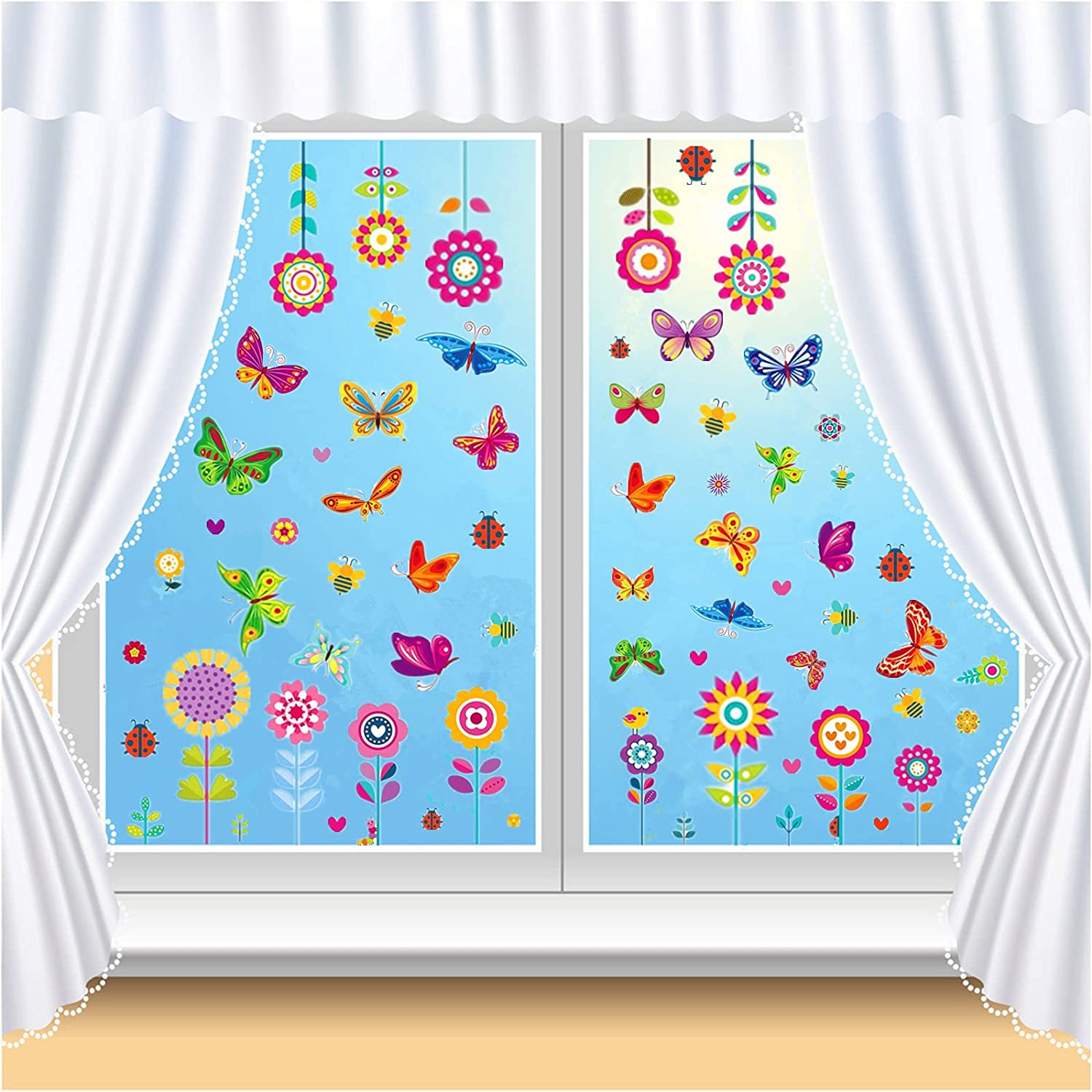 109Pcs Window Stickers, 9 Sheets Double Sided Reusable Window Decals with Flowers, Butterflies and Bee, Anti-Collision Stickers for Glass Door, Window Decorations for Home, School, Kindergarten, Shop. - Ws05 image number 3