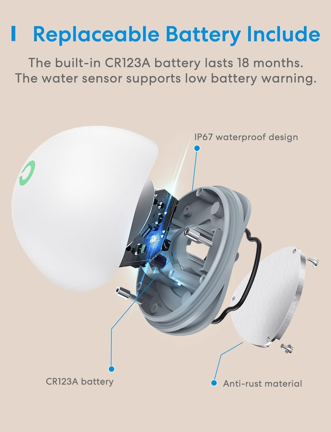 Meross Water Leak Detector, Smart Water Alarm with Hub, App Alert, Replaceable Batteries, Wireless Flood Sensor, Interlinked, Apple Homekit Supported, IP67, for Kitchen Bathroom Basement Garage image number 3