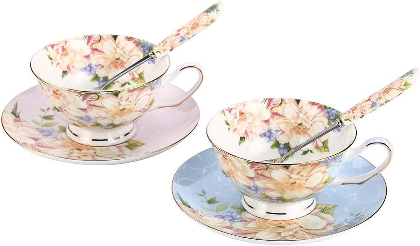 Jinglory Tea Cups,Floral Tea Cups and Saucers Set with Spoon,Bone China Tea Set,Coffee Cups,Tea Sets for Adults/Women/Men/Friends Tableware 10.5X5.8 Pink