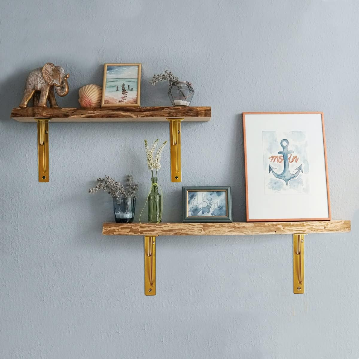 WAALIJI Metal Shelf Brackets, Gold Heavy Duty Shelf Bracket 7 Inch for Floating Shelf DIY Open Shelving Modern L & Cross Design Set of 4 image number 3