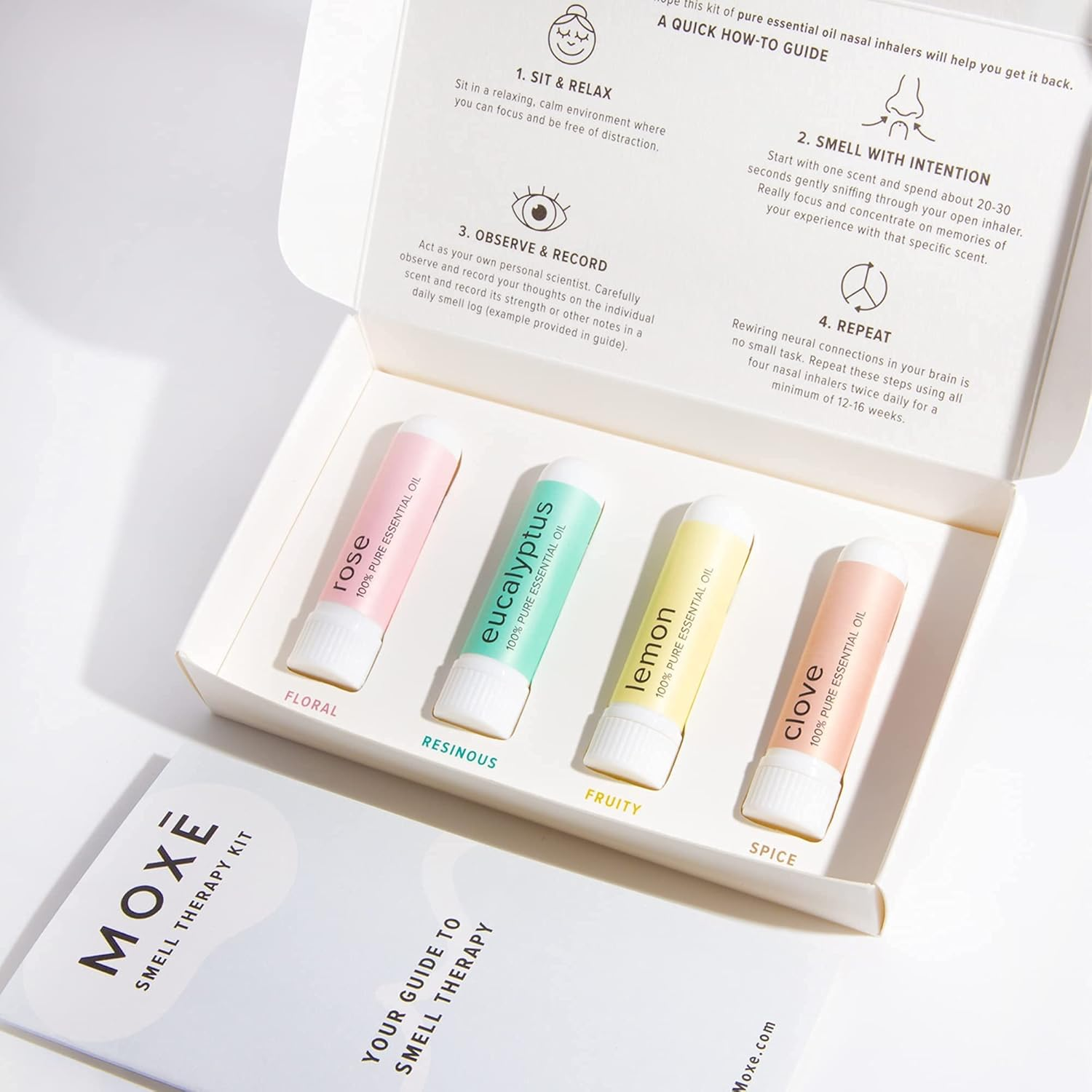MOXĒ Smell Training Kit, 4 Essential Oils, Olfactory Regeneration, Helps Restore Sense of Smell, Natural Therapy for Smell Loss, Lemon, Rose, Clove, Eucalyptus, Guidebook, Personal Log image number 6