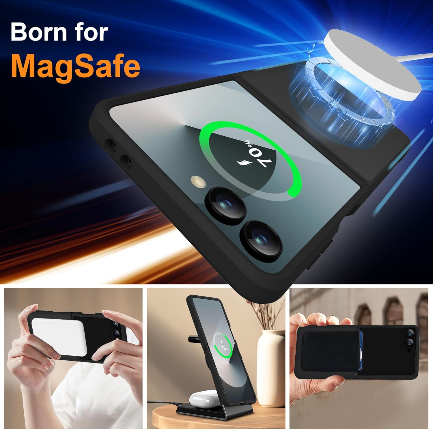 ORETECH Magnetic Shockproof for Samsung Galaxy Z Flip 7 Case with [2X Screen Protectors] Compatible with Magsafe, Translucent Anti-Scratch Flexible TPU Bumper Hard PC Back for Z Flip 7 Case-Black image number 5