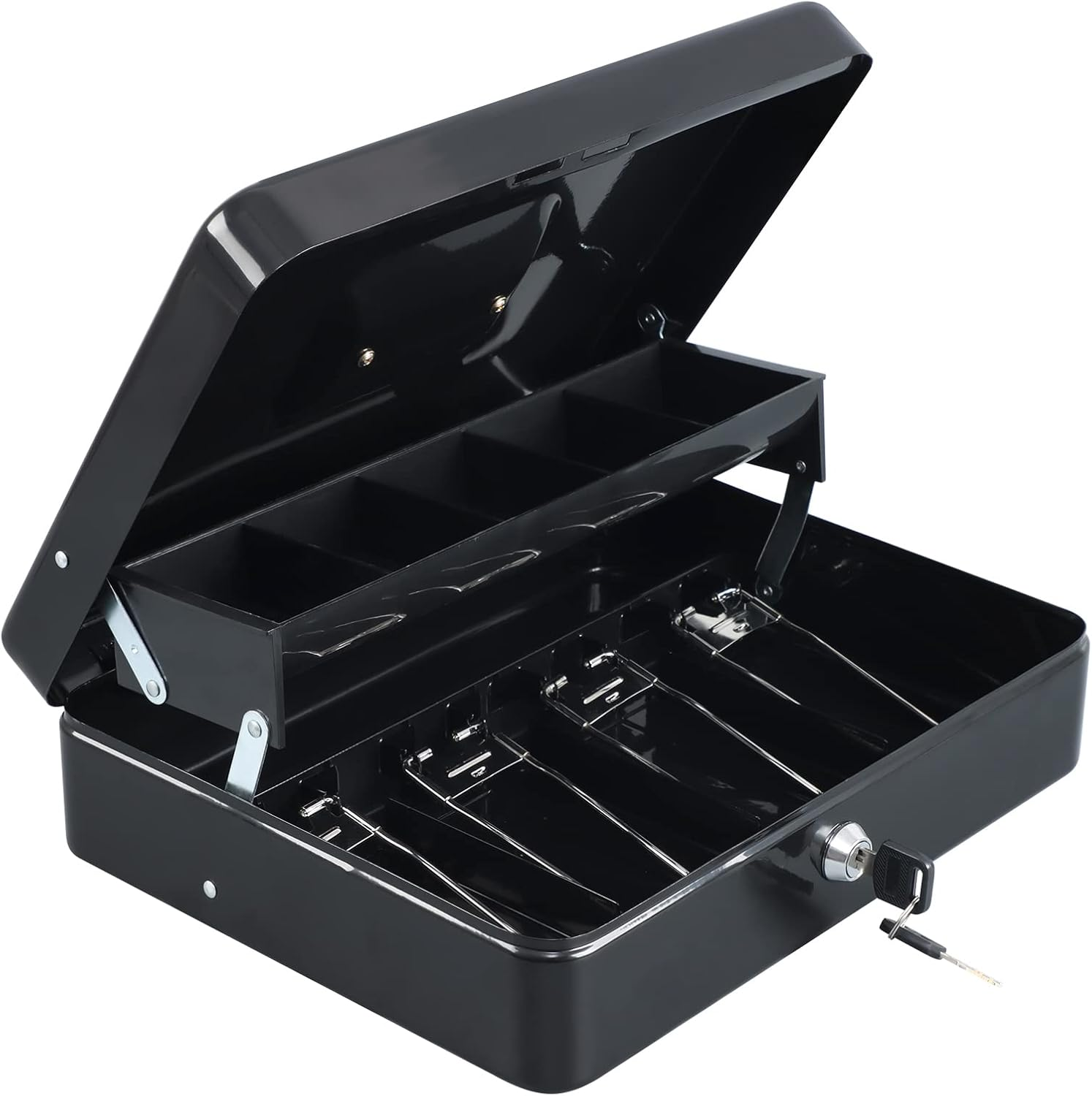 Xydled Cash Box with Money Tray and Key Lock,Tiered, Cantilever Design,4 Bill / 5 Coin Slots,11.8" X 9.5" X 3.5",Black - Black Key Lock image number 2