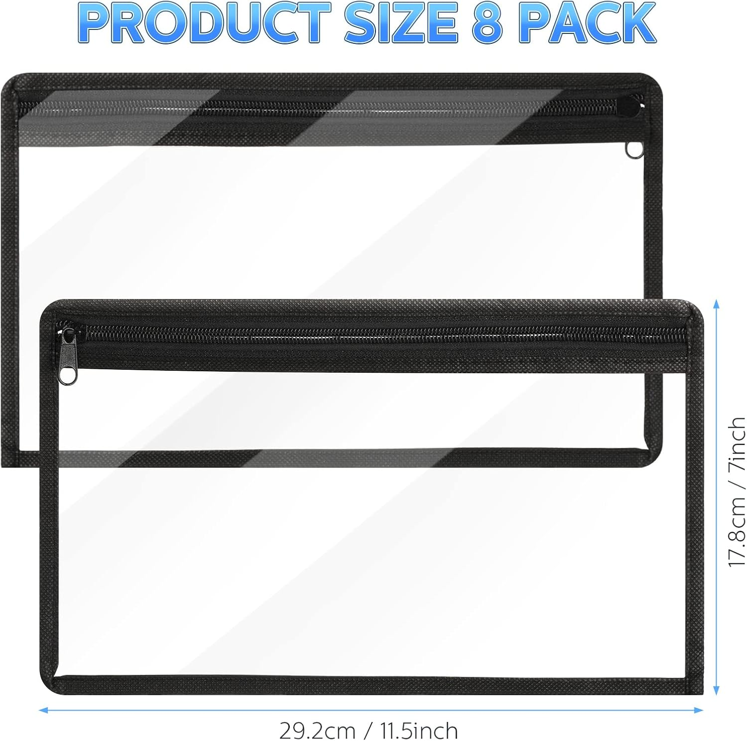 8 Pieces Clear Zipper Pouches Pencil Pouches PVC Makeup Pouch Envelopes Folder Storage Multi Purpose Pouch Document File Organization Bags, Office Supplies (Black Edging, 11.5 X 7 Inches)