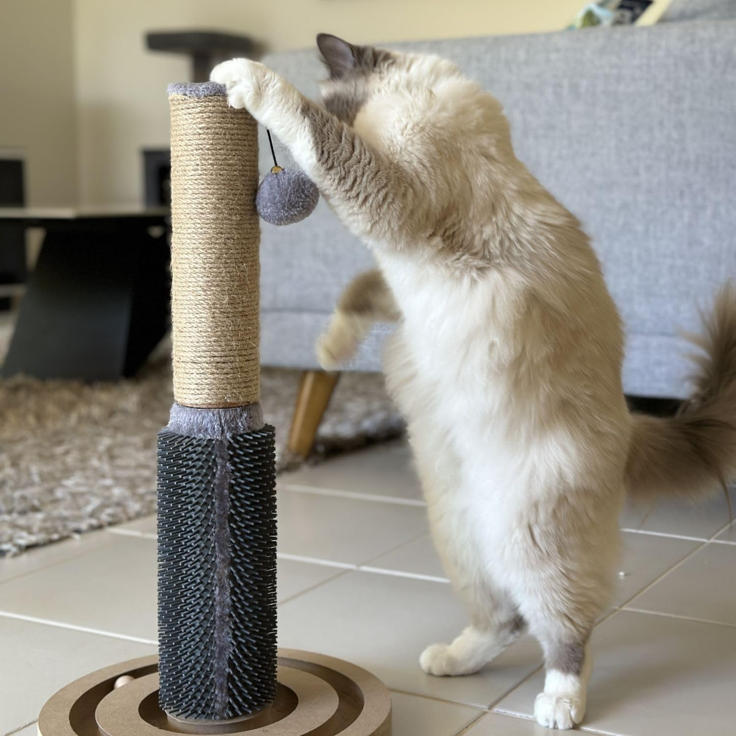 Cattitude Cat Scratch Post Soother, Wood, 54Cm Height - Scratching Post, Massage Brush, Hanging Pom Poms image number 2