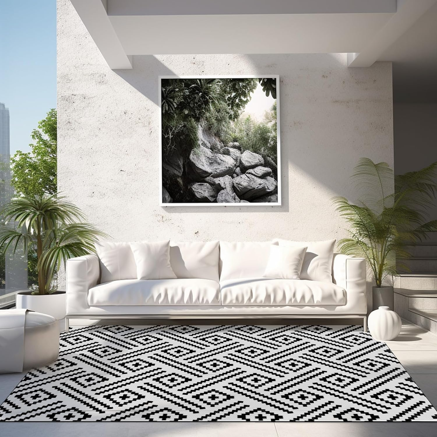 Geometric Extra Large Outdoor Rug(150X245Cm) - Reversible Portable Outdoor Plastic Straw Rug, Porch Rug, Waterproof Mat for Rv, Deck, Camping, Balcony, Patio (Geometric)