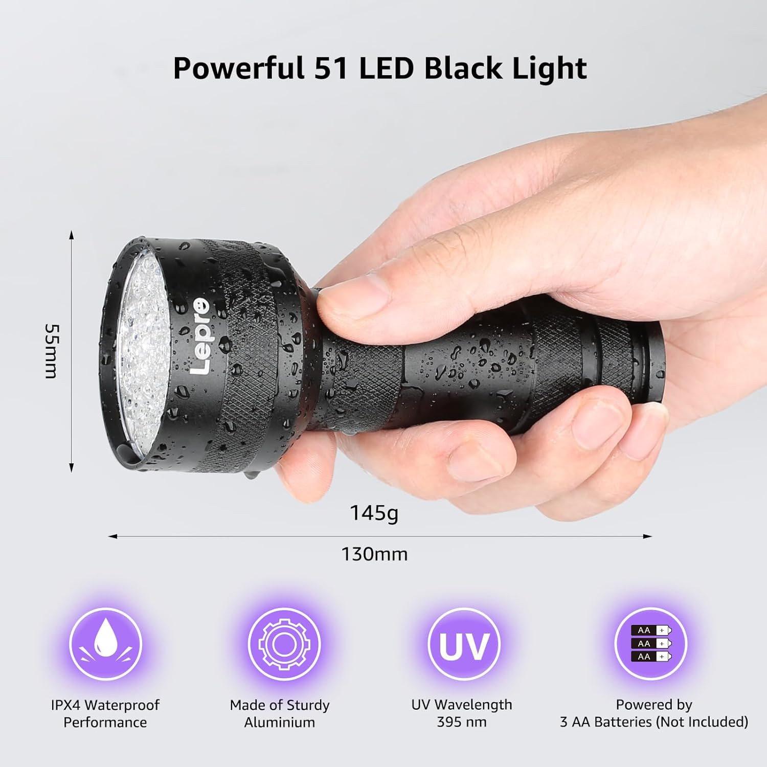 Lepro UV Torch, 51 LED UV Light Torch, 395Nm Ultraviolet Flashlight, Blacklight Detector for Pet Urine, Stain, Bed Bugs, Banknote and More image number 4