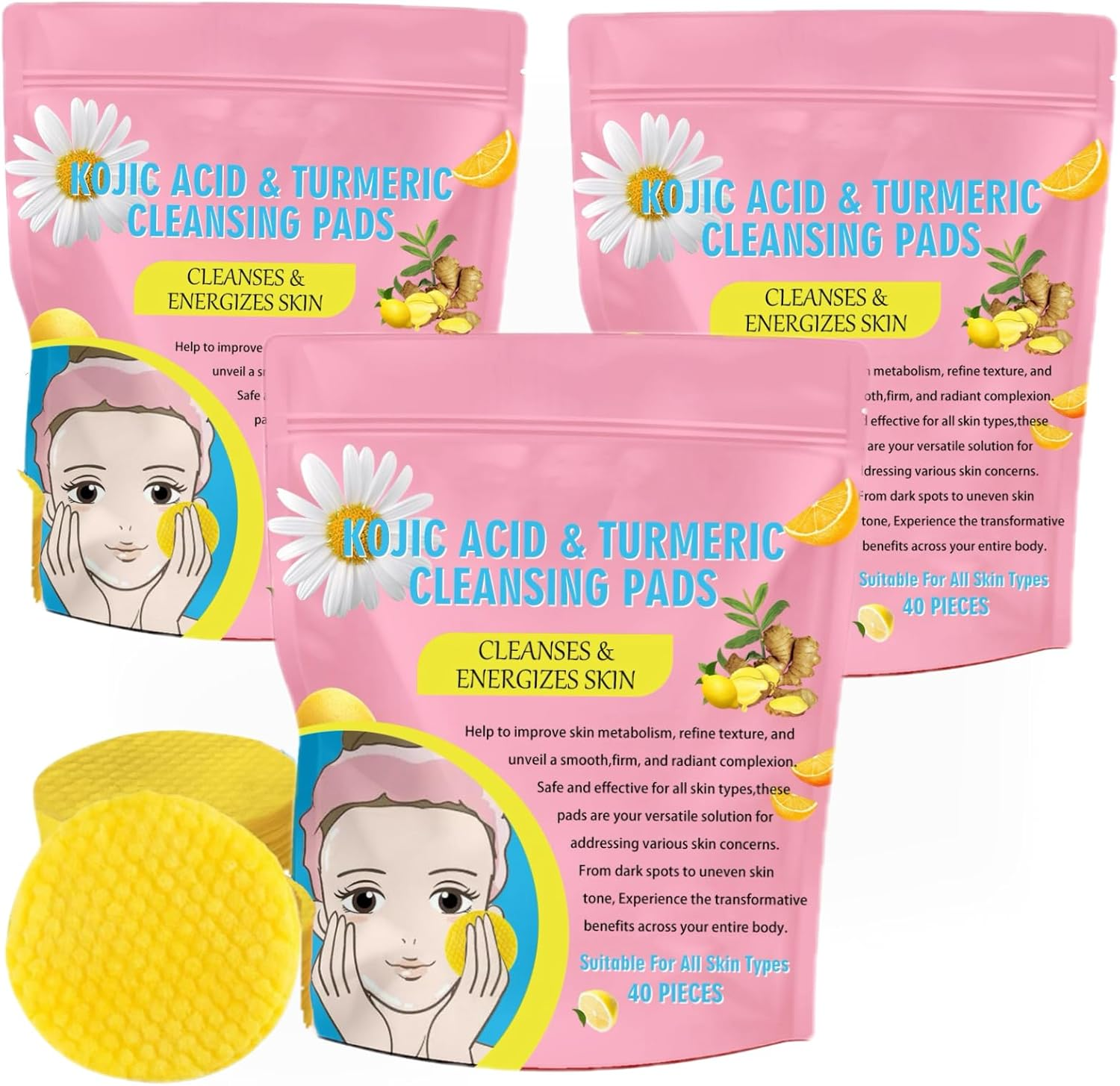 Turmeric Kojic Acid Pads, Kojic Acid and Turmeric Pads, Face Scrub Pads, Turmeric Cleansing Pads for Face, Essentials Kojic Acid Turmeric Pads for Cleansing and Exfoliating (80PCS)