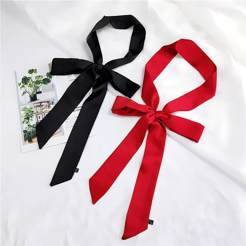 1PCS Black Long Scarf Silky Long Narrow Neckerchief Tie Ribbon Hair Scarf Waist Belt for Women Girls image number 2