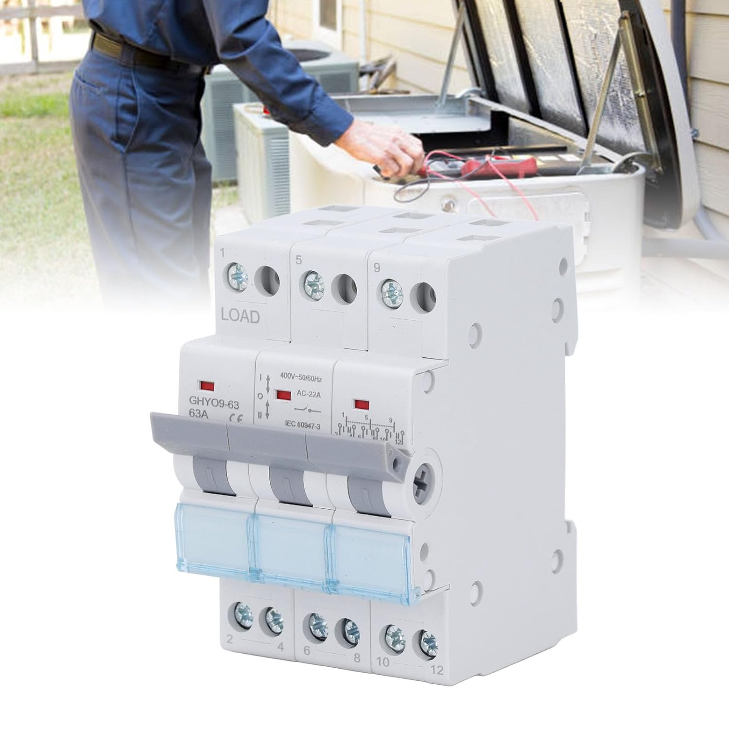 Power Transfer Isolation Switch, Manual Conversion Switch 63A 400V with Overload and Short Circuit Guard, 45Mm Cutout Front Face Mounting image number 2