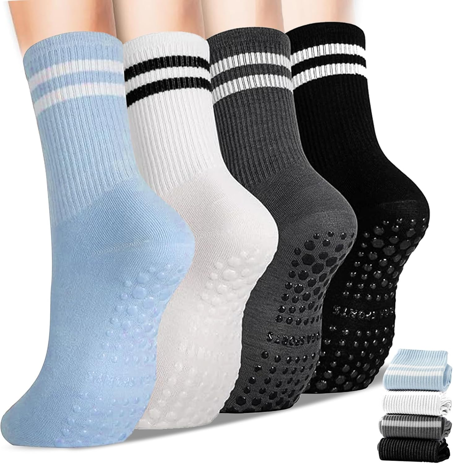 4 Pairs Yoga Grip Socks, Non Slip Pilates Socks Ladies Mid-Calf Pilates Grip Sock, Breathable Cotton Yoga Socks for Gym, Dance, Training, Barre, Fitness, Workout, Wooden Floor image number 4