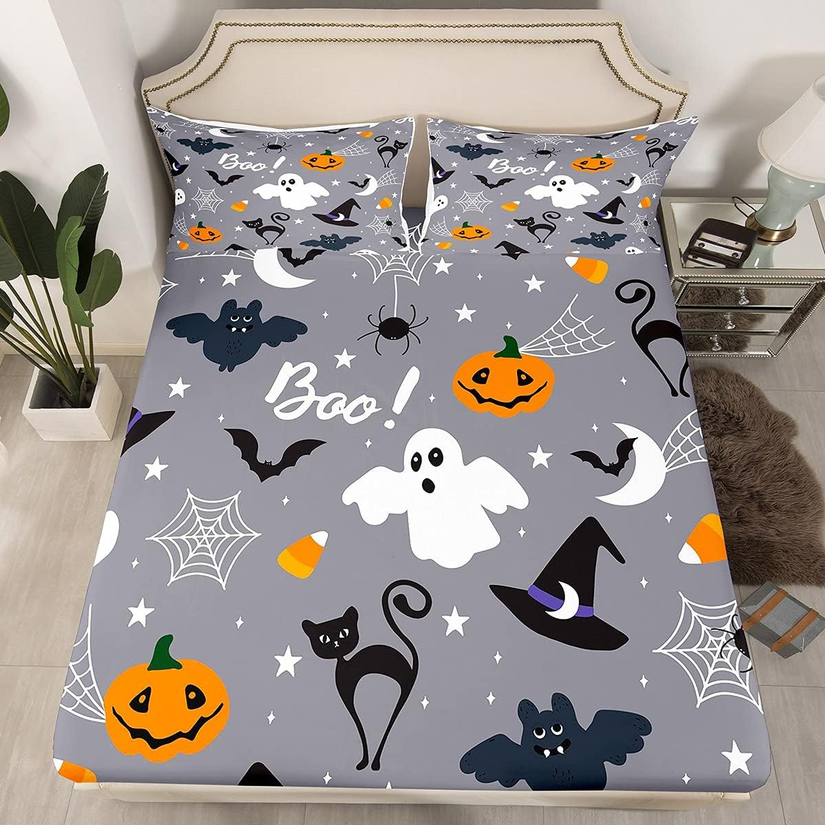 Gothic Spooky Bed Sheet Set Pumpkin Lantern Bedding Set for Kids Boys Teens, Ghost Spider Web Fitted Sheet Black Bat Cat Cobwebs Halloween Decor King Size Grey image number 1