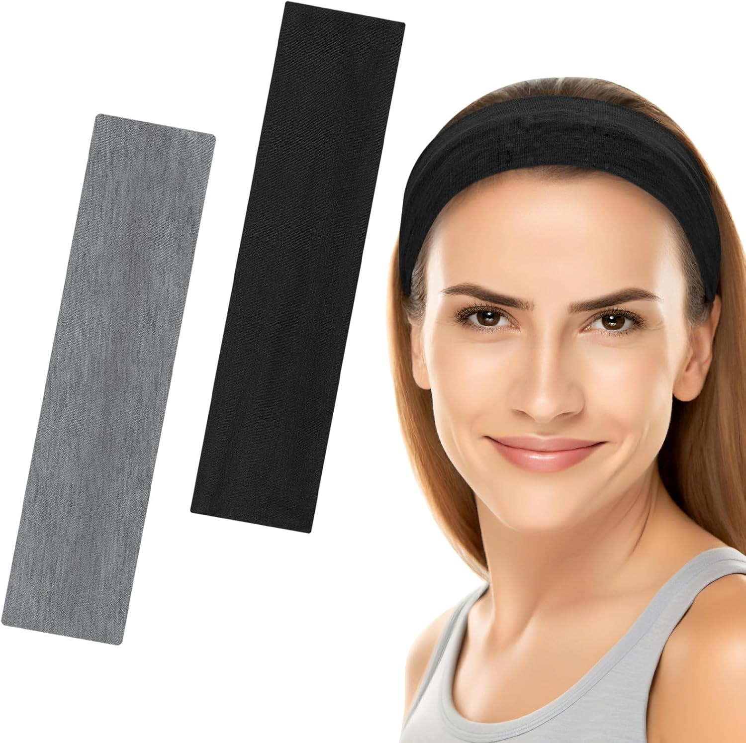 6Cm Wide Headbands for Women Men, [2 PCS] Unisex Fashion Head Bands for Women'S Hair, Soft Fabric Stretchy Elastic Hair Bands for Makeup, Yoga, Running (Black+Black, One Size)