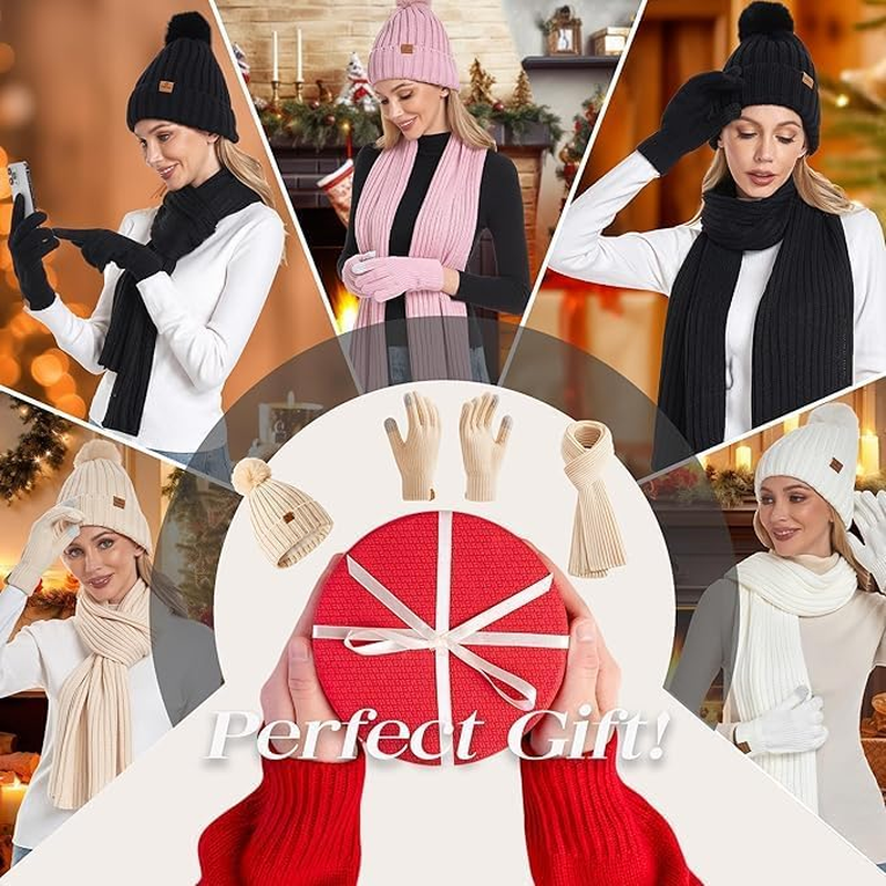 Womens Long Scarf Gloves and Hat Set Cold Weather Hat Scarf Glove Set for Women Winter Beanie Hats with Pom Pom - Blue image number 2