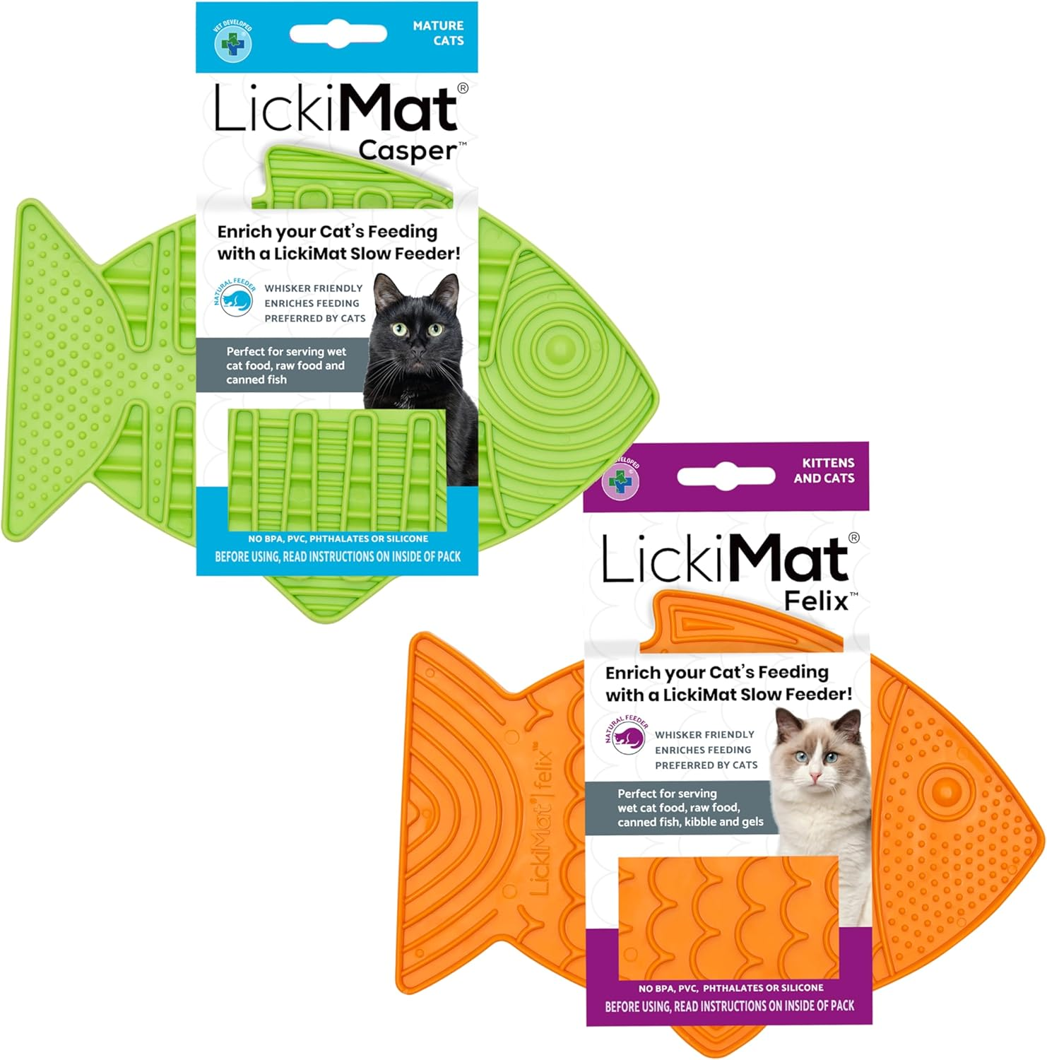 Lickimat Casper & Felix, Fish-Shaped Cat Slow Feeders for Feline Boredom and Anxiety Reduction; Perfect for Food, Treats and Anxiety Reduction. (Green Turquoise)