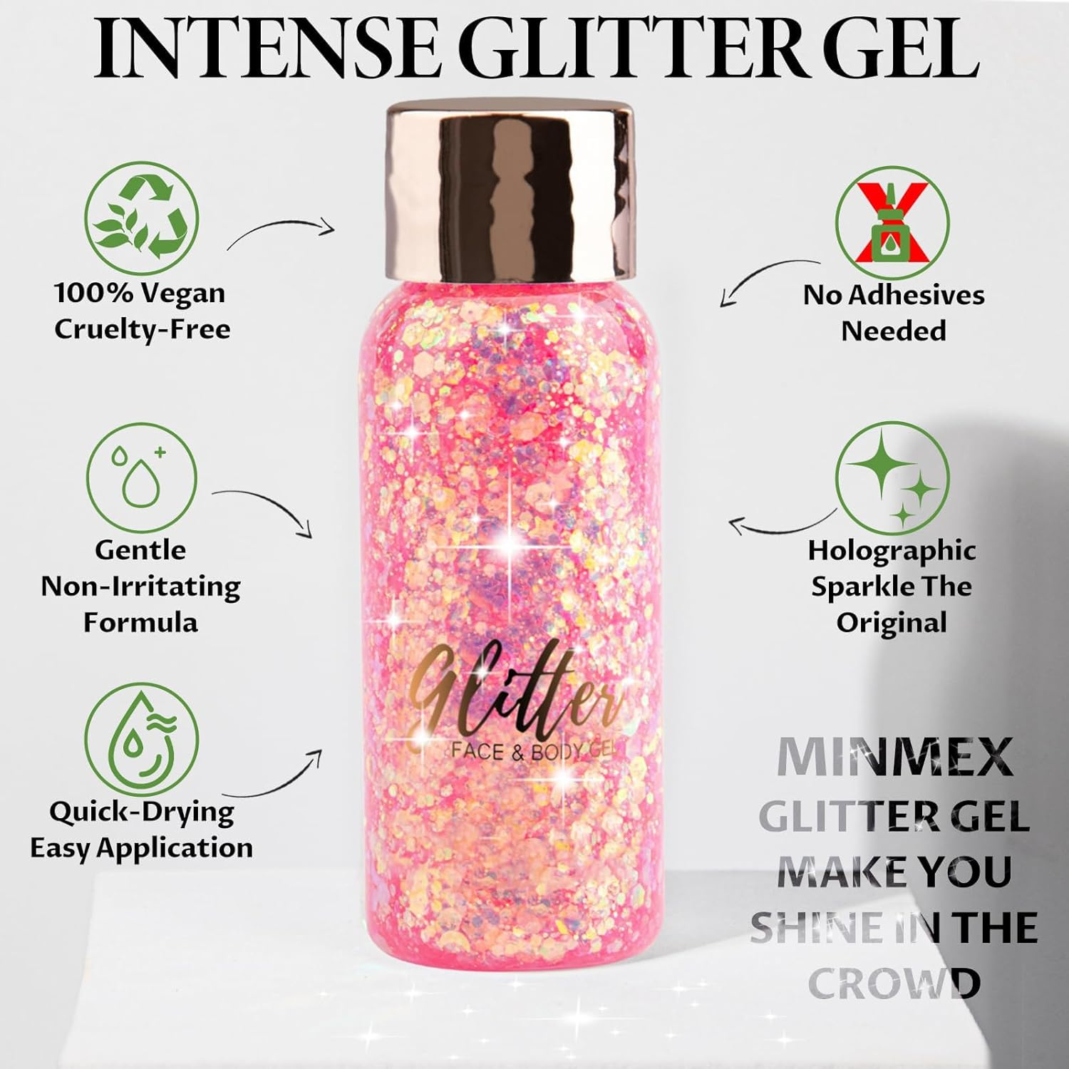 Body Glitter Gel, Face Glitter Gel,Intense Glitter Makeup Face Glitter Gel,Chunky Glitter for Eye Lip Hair Sparkling Body Glitter Gel for Women,Rave Glitter Festival Accessories（Pink） image number 3