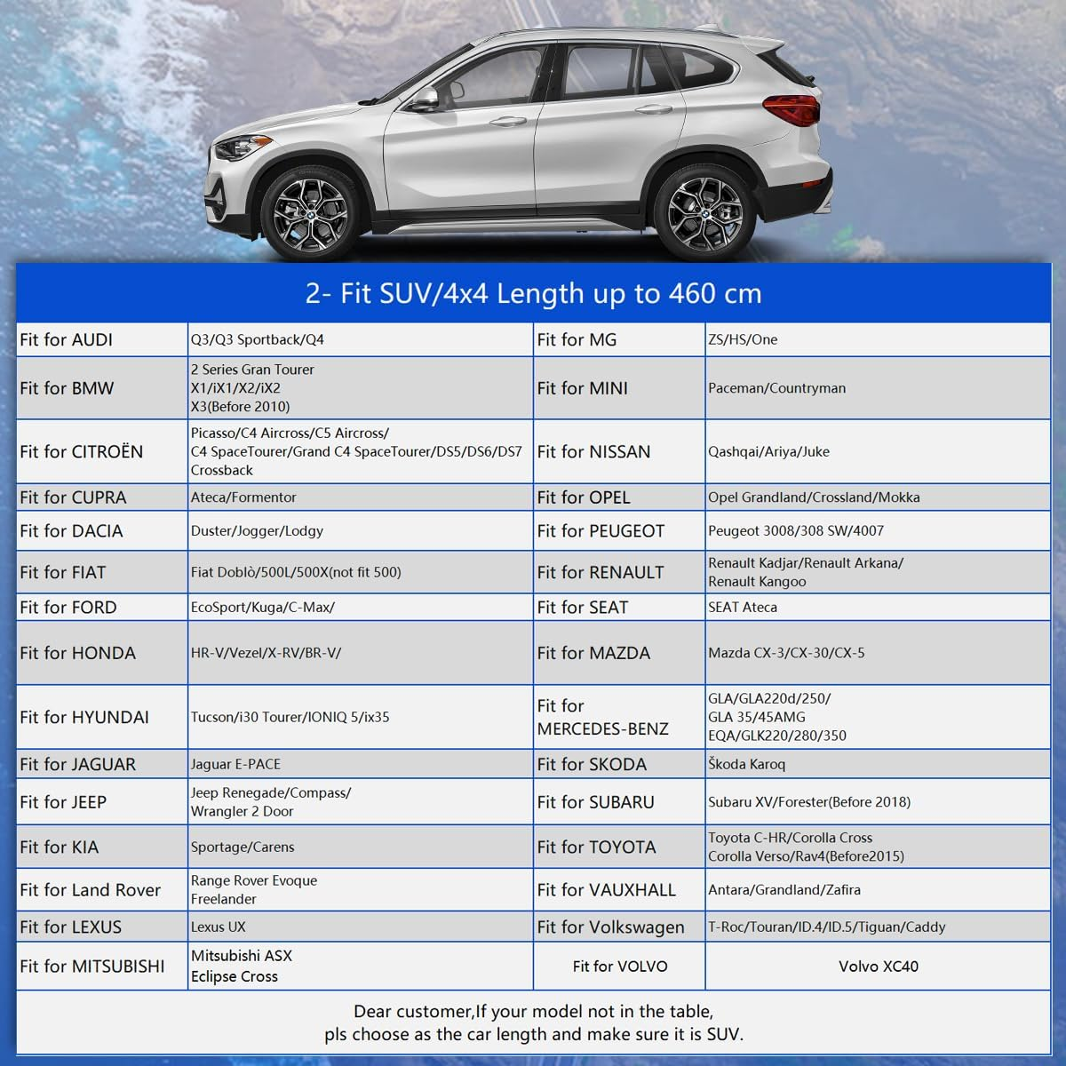 SUV Car Cover Waterproof Breathable, Outdoor Car Cover Rain Dust Sun UV Protection Universal Fit Qashqai,Volvo Xc40,Rangerover Evoque,Kia Sportage,Mini Countryman Etc. Fit Suv/4X4 (Up to 460Cm) image number 4