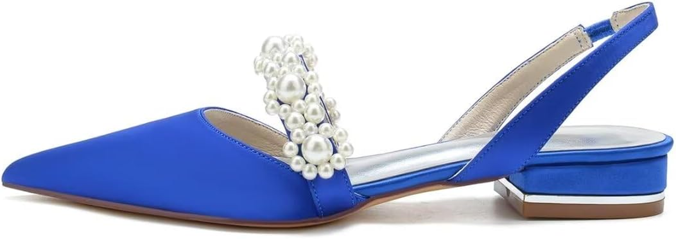 Satin Pearls Wedding Shoes for Bride Flat Pointed Toe Women Slingback Flats