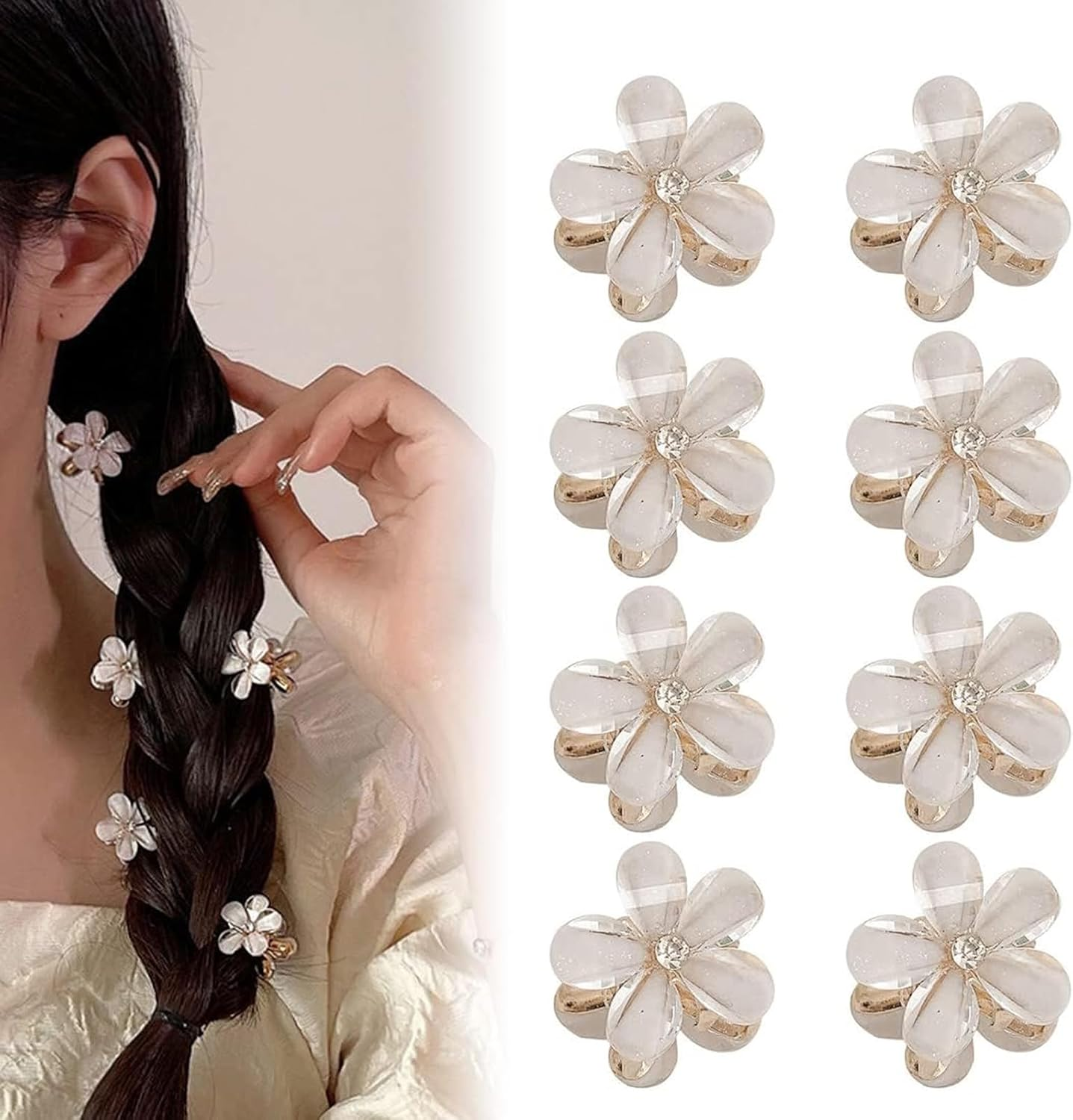 RTRTGS Pack of 8 Mini Diamond Hair Clips, Small Hair Clips, Flower Hair Clips Hair Accessories for Women, Girls, Cute Mini Hair Clips, Hair Clips for Photo, Everyday, Party, Wedding (White) image number 1